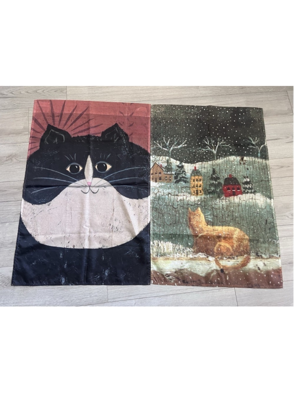Decorative House Porch Flag - Tuxedo Cat & Primitive Winter Scene W Cat 23 X 35